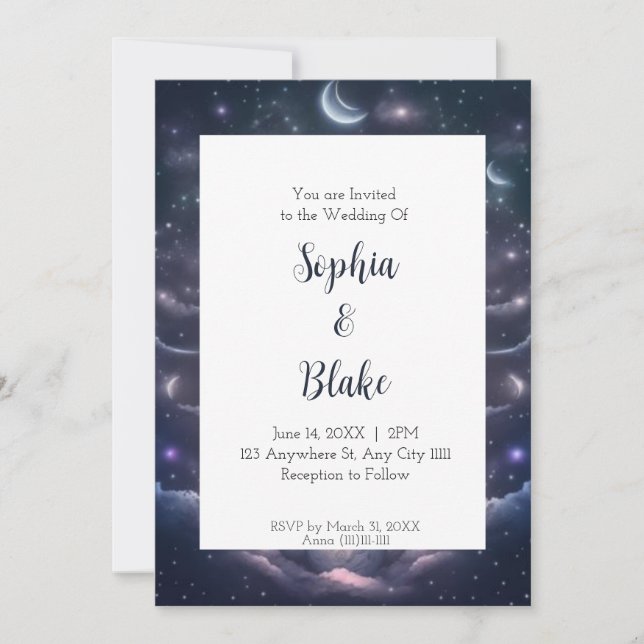Convite Casamento de Fantasia Celestial Azul e Roxo (Frente)