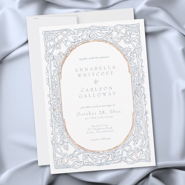 Convite Casamento de Fantasia Medieval em Azul e Dourado (Medieval Fantasy Blue & Gold Etching Wedding Invitation)