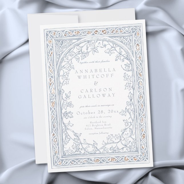 Convite Casamento de Fantasia Medieval em Azul e Dourado c (Medieval Fantasy Arch Blue & Gold Etching Wedding Invitation)