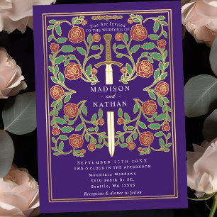 Convite Casamento de Fantasia Medieval Floral Espada Roxa