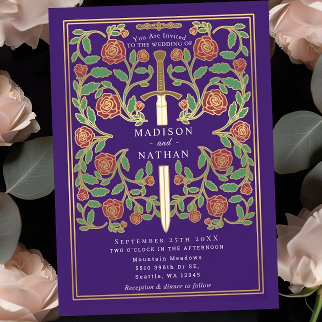 Convite Casamento de Fantasia Medieval Floral Espada Roxa (Criador carregado)