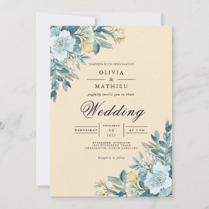 Convite Casamento De Fardo Botânico De Azul Suave