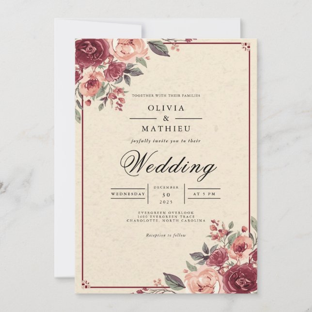 Convite Casamento De Fardo Botânico De Rosa Muted (Frente)