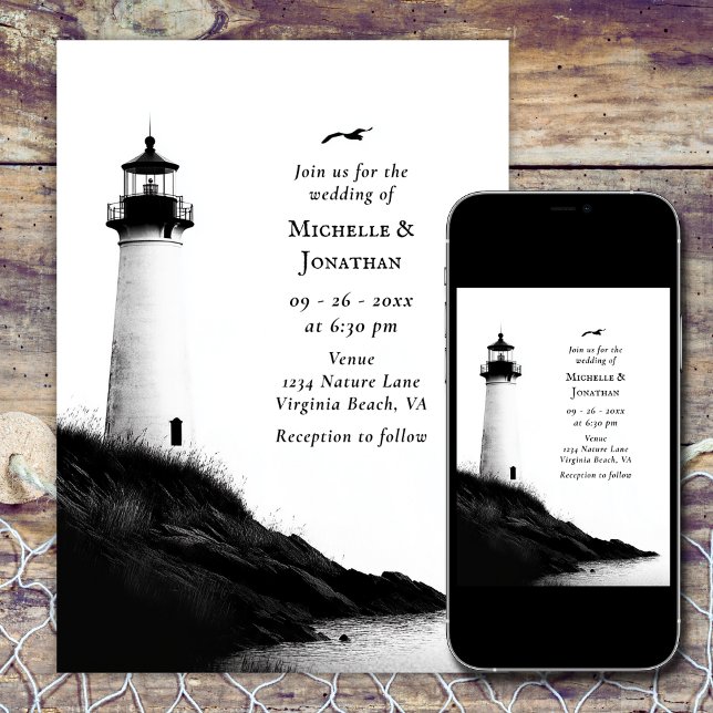 Convite Casamento de Farol Náutico de Praia Costeira (Coastal Beach Nautical Lighthouse Wedding Invitation)