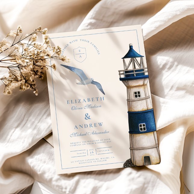 Convite Casamento de Farol Náutico Elegante de Aquarela (Criador carregado)