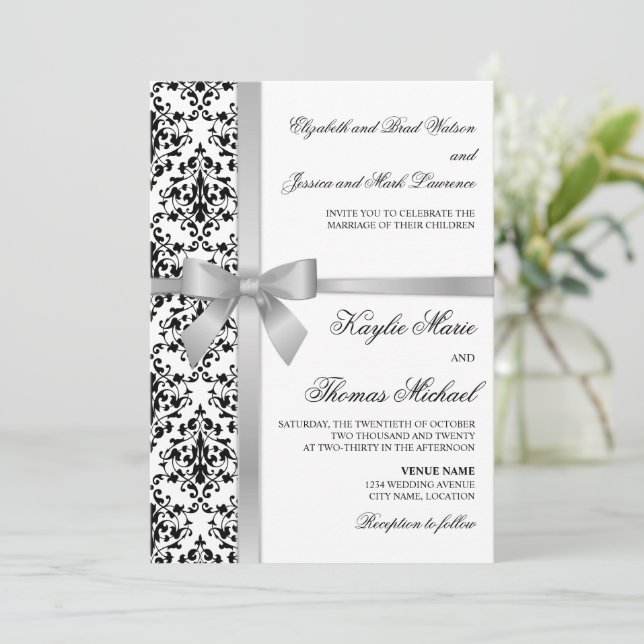 Convite Casamento de Faux Silver Silver Faux Damask Preto  (Em pé/Frente)