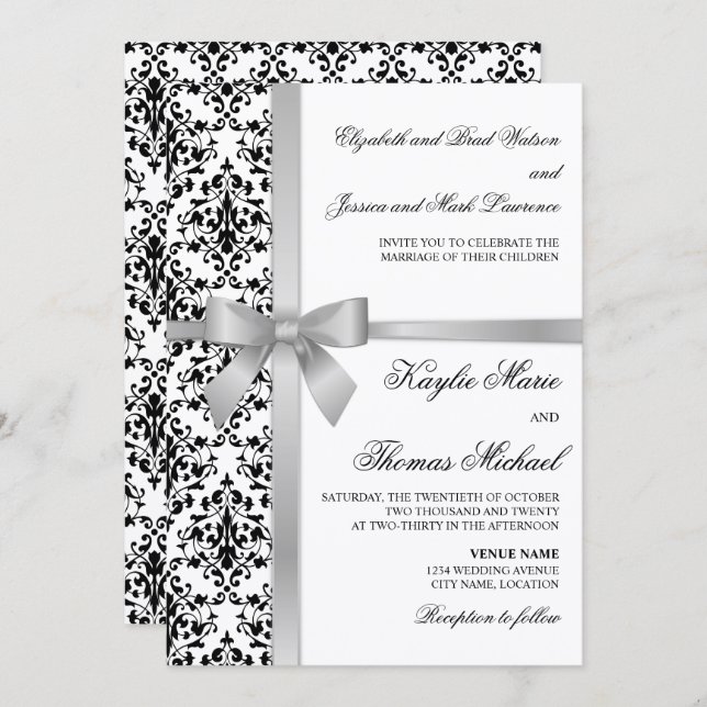 Convite Casamento de Faux Silver Silver Faux Damask Preto  (Frente/Verso)