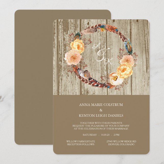 Convite Casamento De Feather Floral De Madeira Rústica (Frente/Verso)