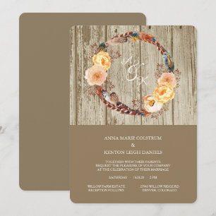 Convite Casamento De Feather Floral De Madeira Rústica