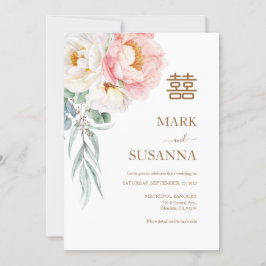 Convite Casamento de Felicidade Dupla de Peonia Elegante C