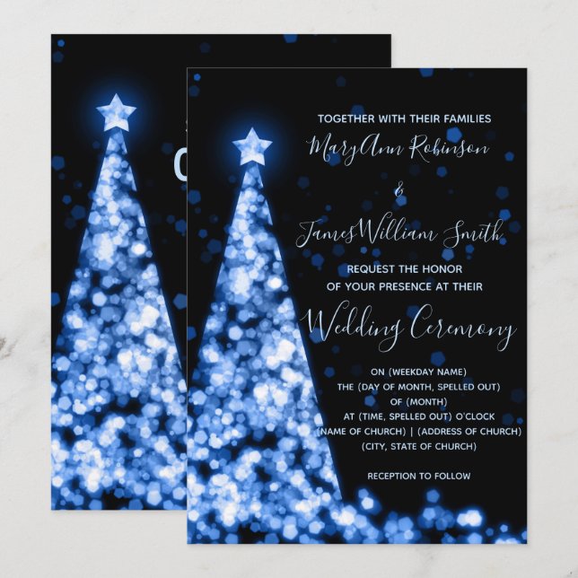 Convite Casamento de Feriado de Árvore de Natal Azul Elega (Frente/Verso)