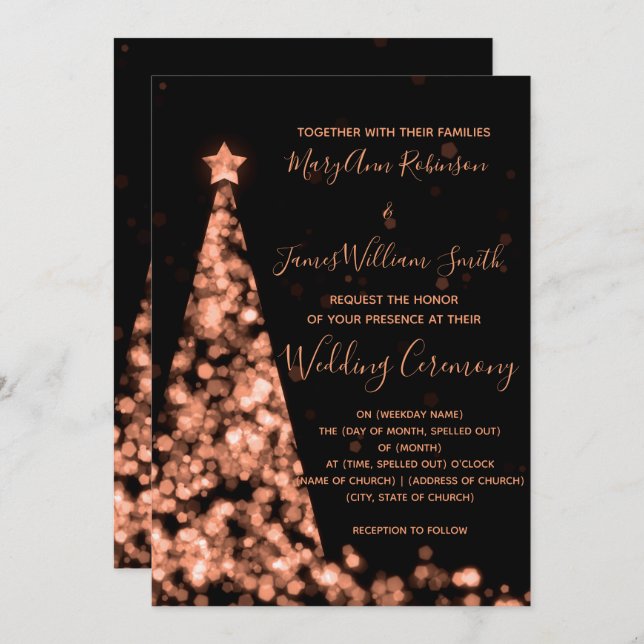 Convite Casamento de Feriado de Árvore de Natal Dourada da (Frente/Verso)