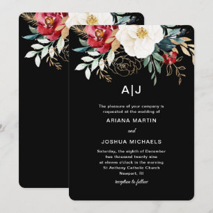 Convite Casamento de Feriado de Buquê Floral Negro Elegan