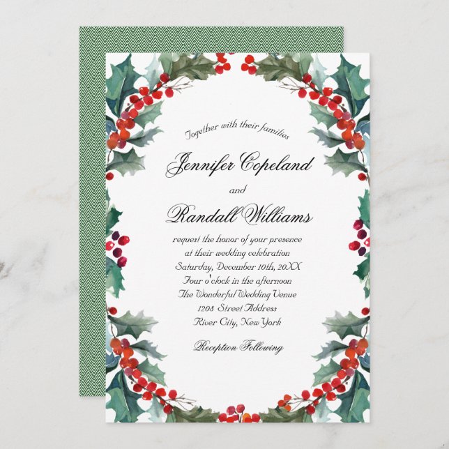 Convite Casamento de Feriado de Watercolor Holly e Berries (Frente/Verso)