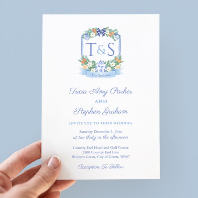 Convite Casamento de Feriados de Crest de Citrinos Brancos (Citrus Ginger Jar Holidays Wedding Watercolor Monogram Crest Invitation)