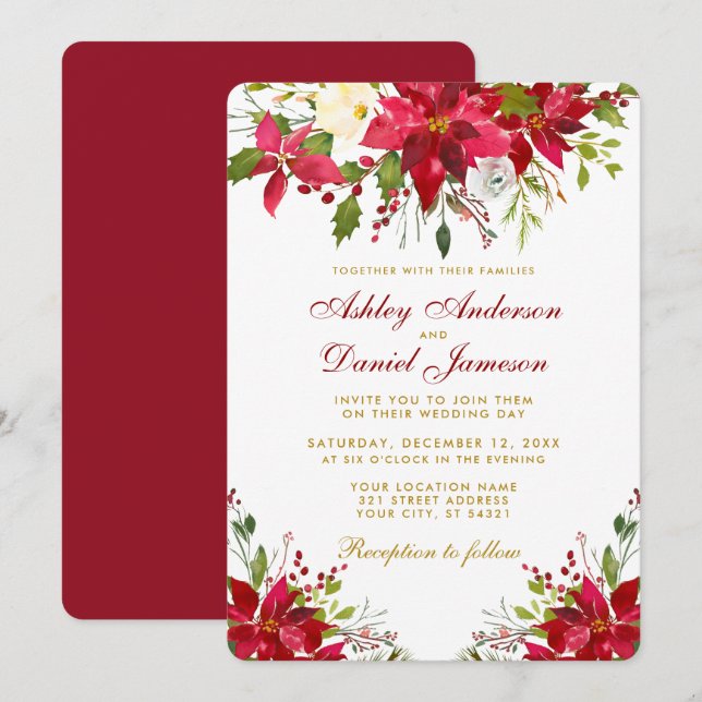 Convite Casamento de Feriados Poinsettia Dourado Floral Ve (Frente/Verso)