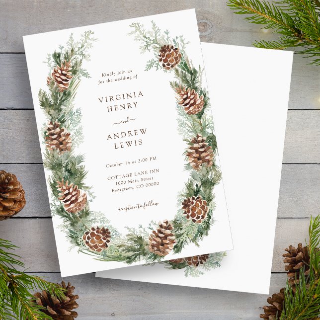 Convite Casamento de Férias de Inverno (White Winter Holiday Pinecone Wedding Invitation by Painted Paperie
)