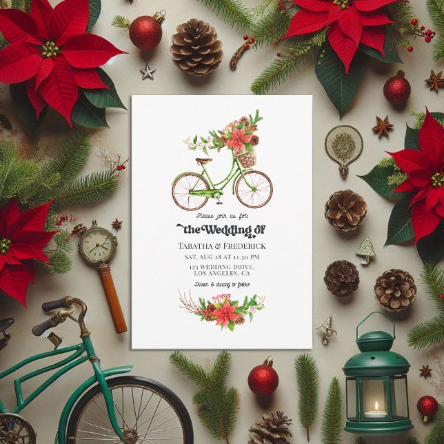 Convite Casamento de Férias de Natal da Bicicleta de Poins (Retro Poinsettia Bicycle Christmas Holiday Wedding Invitation)