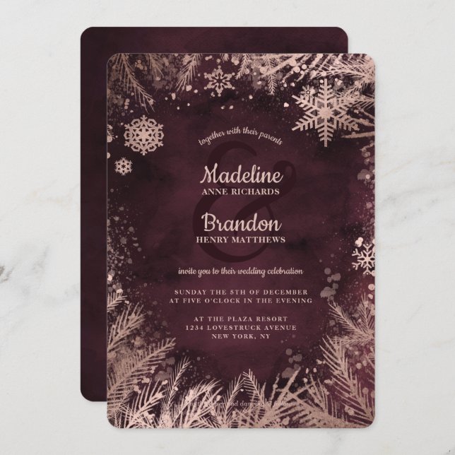 Convite Casamento de Férias de Neve Dourada e Burgundy (Frente/Verso)
