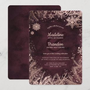 Convite Casamento de Férias de Neve Dourada e Burgundy