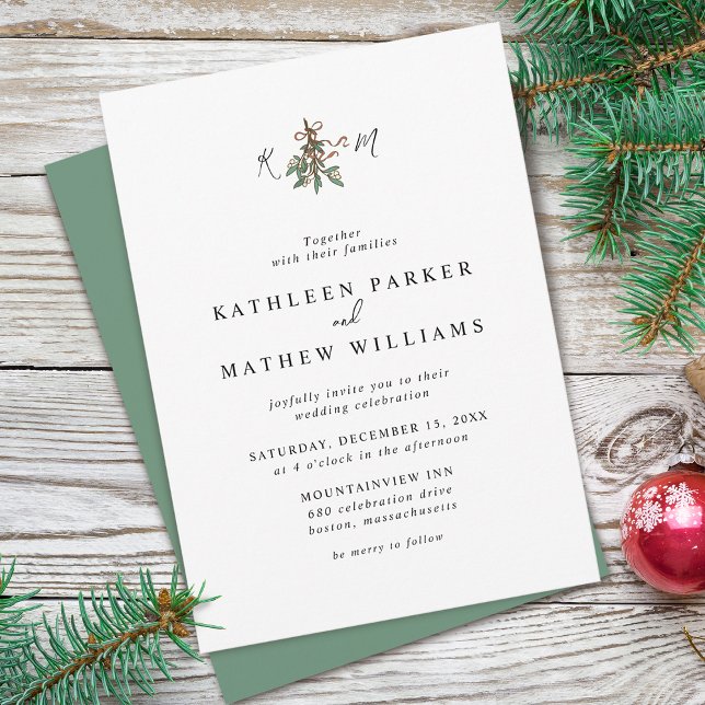 Convite Casamento de Férias Iniciais de Visco (Mistletoe Initials Holiday Wedding Invitation)