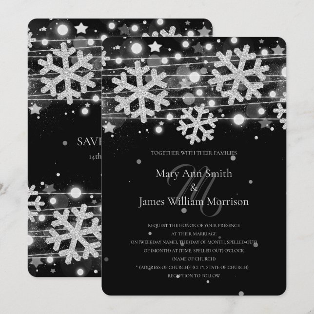 Convite Casamento de Férias Silver & Black Salve A Data (Frente/Verso)