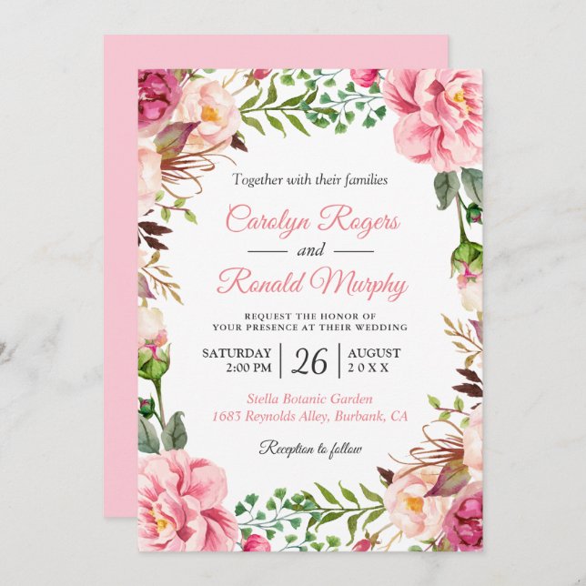 Convite Casamento De Ferida Floral Botânica Rosa-Esbranqui (Frente/Verso)