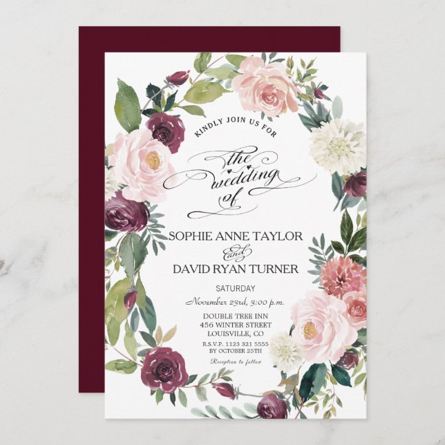 Convite Casamento De Ferida Floral De Ilegante Burgundy Bl (Frente/Verso)