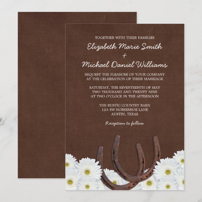 Convite Casamento de ferraduras e margaridas ocidentais (Frente/Verso)