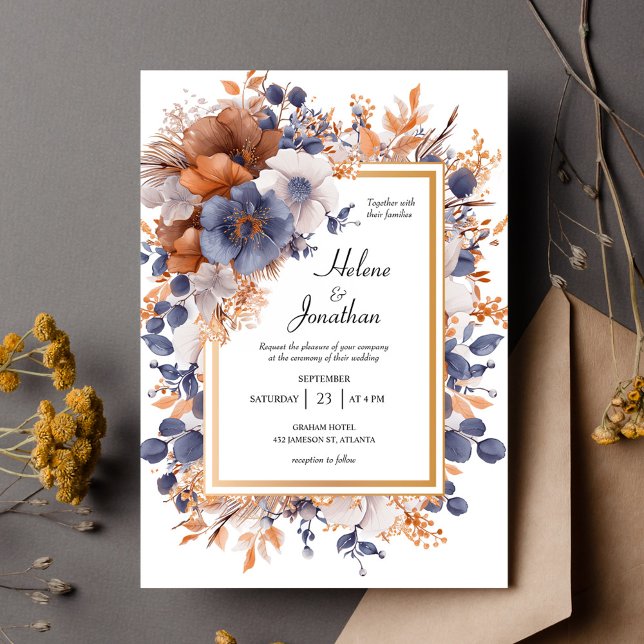 Convite Casamento de Ferrugem Azul Dusty, Elegante de Jard (Garden Elegant Watercolor Dusty Blue Rust Wedding Invitation)