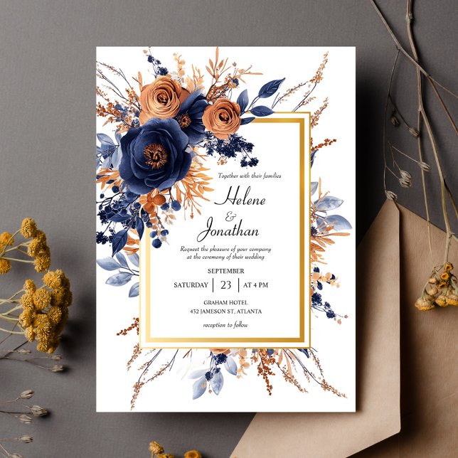 Convite Casamento de ferrugem azul Marinho Floral Elegante (Elegant Watercolor Floral Navy Blue Rust Wedding Invitation)