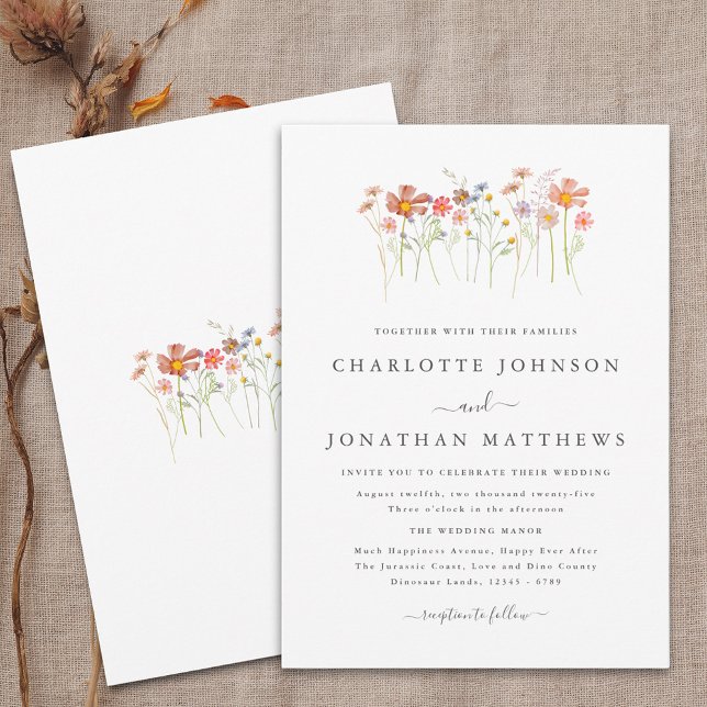 Convite Casamento de Ferrugem Laranja de Marrã-prateada (Boho fall Wildflower floral Wedding invitation Watercolor flowers fall colors elegant modern design)