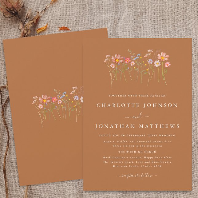 Convite Casamento de Ferrugem Laranja de Marrã-prateada (Boho fall Wildflower floral brown sugar terracotta orange Wedding invitation Watercolor flowers)