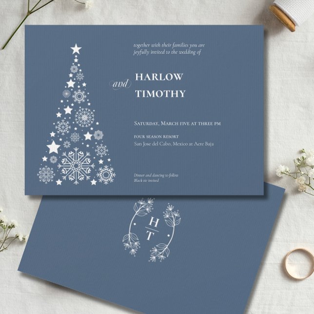 Convite Casamento de Festa Floral de Inverno de Árvore Ele (Elegant Tree Winter Holiday Floral Crest Wedding Invitation)