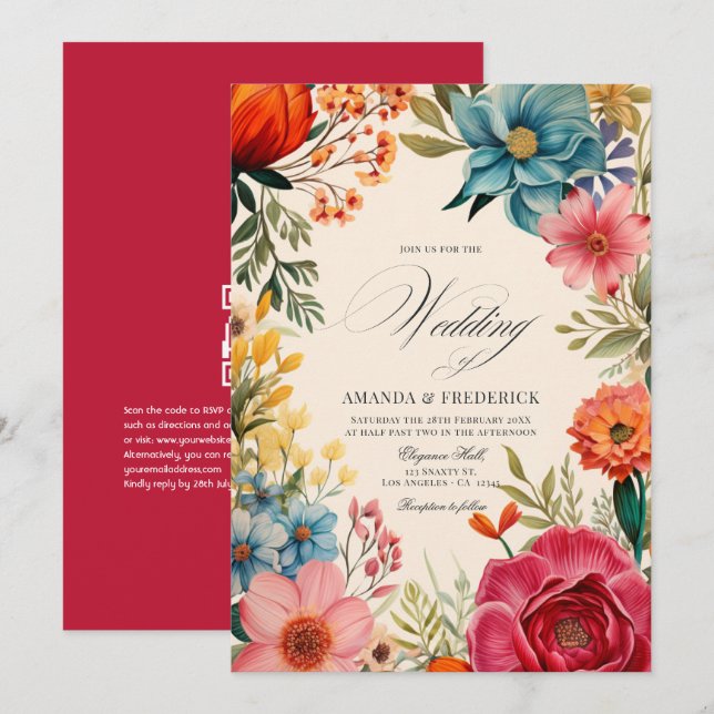 Convite Casamento de Festa Floral em Aquarela com Código Q (Frente/Verso)