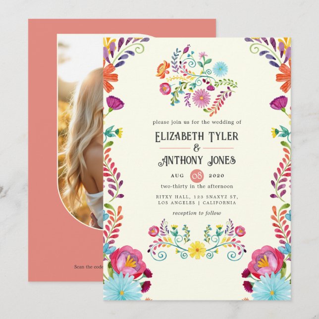 Convite Casamento de Festa Mexicana com Floral de Marfim e (Frente/Verso)