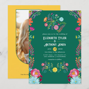 Convite Casamento de Festa Mexicana com Floral Verde Esmer