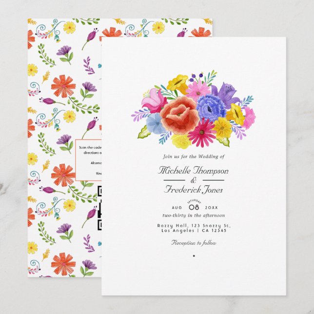 Convite Casamento de Fiesta Floral Aquarela com RSVP Códig (Frente/Verso)