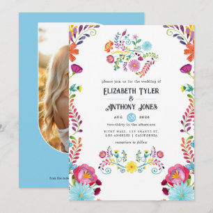 Convite Casamento de Fiesta Mexicana Azul Céu e Branco Flo