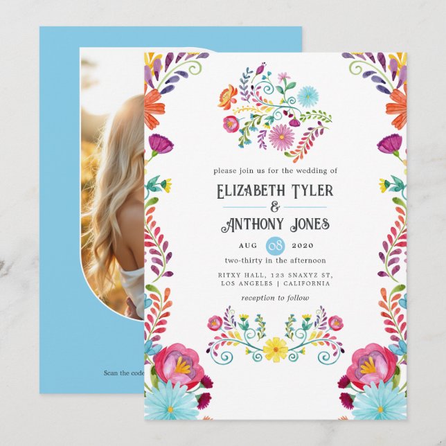 Convite Casamento de Fiesta Mexicana Azul Céu e Branco Flo (Frente/Verso)