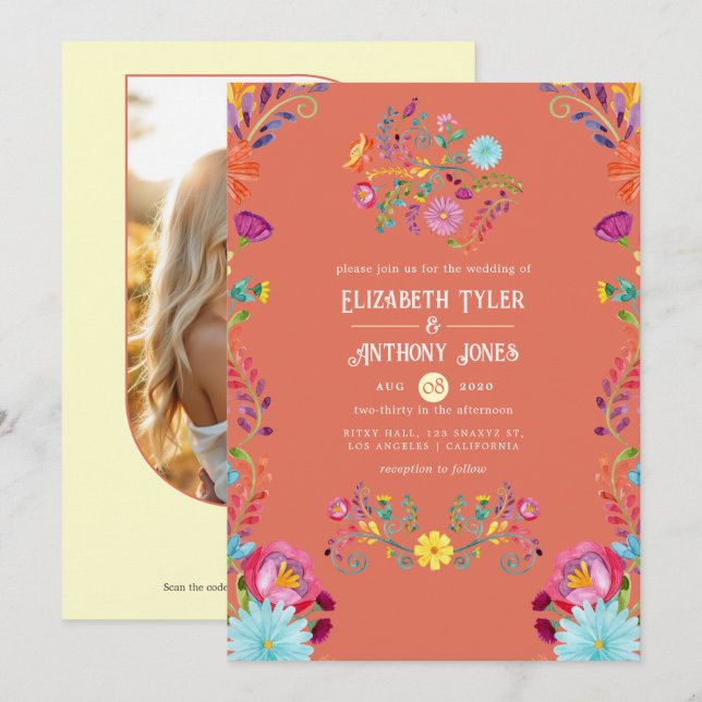 Convite Casamento de Fiesta Mexicana com Terracota e Creme (Frente/Verso)