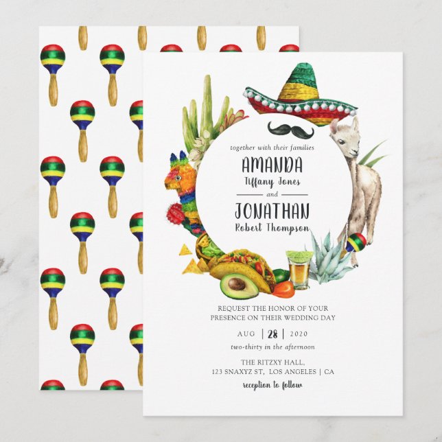 Convite Casamento de Fiesta Mexicana em Aquarela (Frente/Verso)