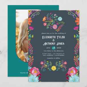 Convite Casamento de Fiesta Mexicana Floral Cinza Carvão e