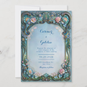 Convite Casamento de Filigrana Floral Azul Pó