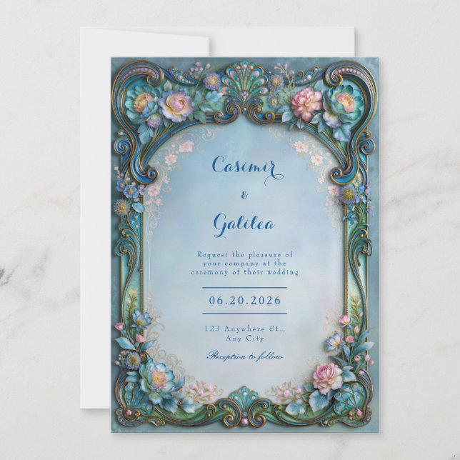 Convite Casamento de Filigrana Floral Azul Pó (Frente)