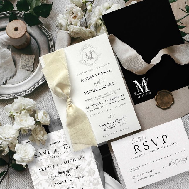 Convite Casamento de Fita de Fita de Crest. (Modern vintage flowers monogram logo wedding invitation suite, black & white theme, just add ribbon)