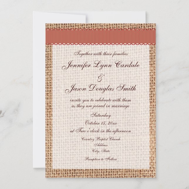 Convite Casamento de Fita Laranja Queimada com Burlap, Imp (Frente)