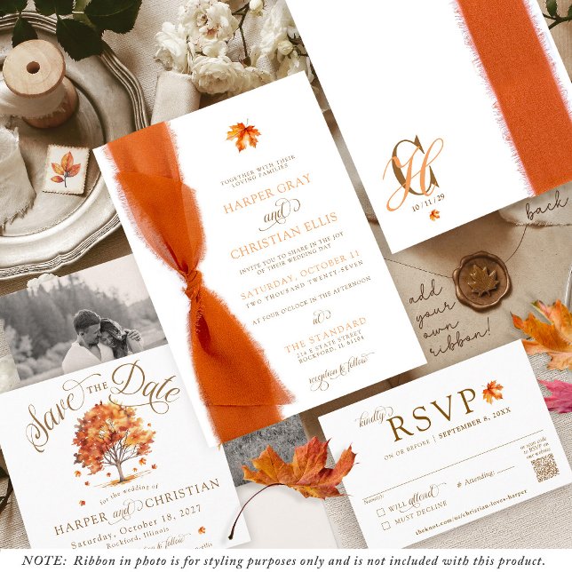 Convite Casamento de Fitas de Outono Modernas e Folhas Sim (Simple elegant watercolor fall leaf tree script monogram Autumn wedding invitation, just add ribbon!)