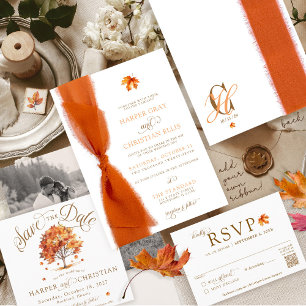 Convite Casamento de Fitas de Outono Modernas e Folhas Sim