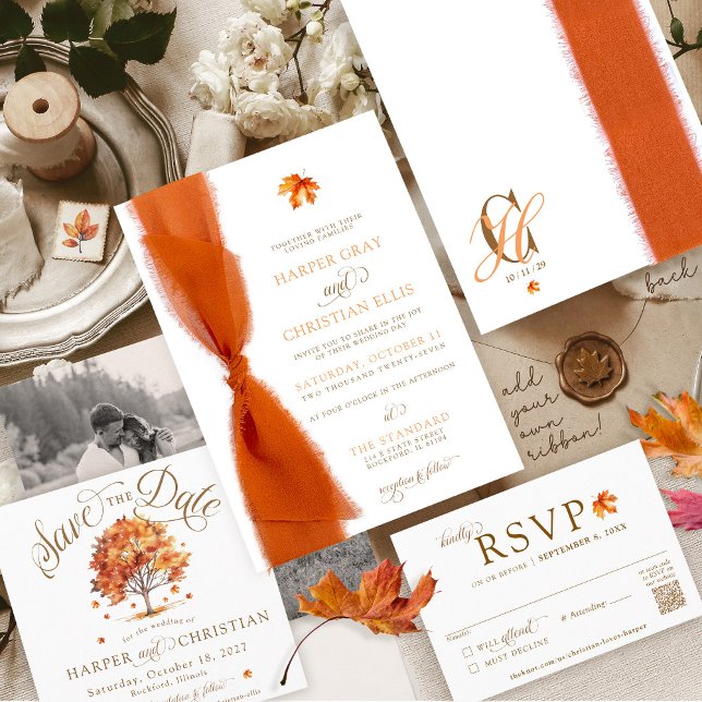 Convite Casamento de Fitas de Outono Modernas e Folhas Sim (Simple elegant watercolor fall leaf tree script monogram Autumn wedding invitation, just add ribbon!)